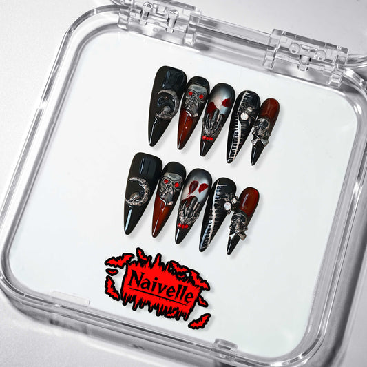 NaivellePressOnNailsLongBlack-Halloween-S92