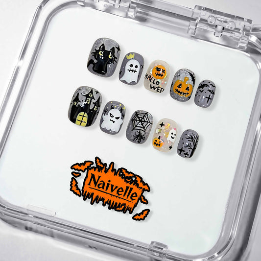 NaivellePressOnNailsShortGray-Halloween-S78